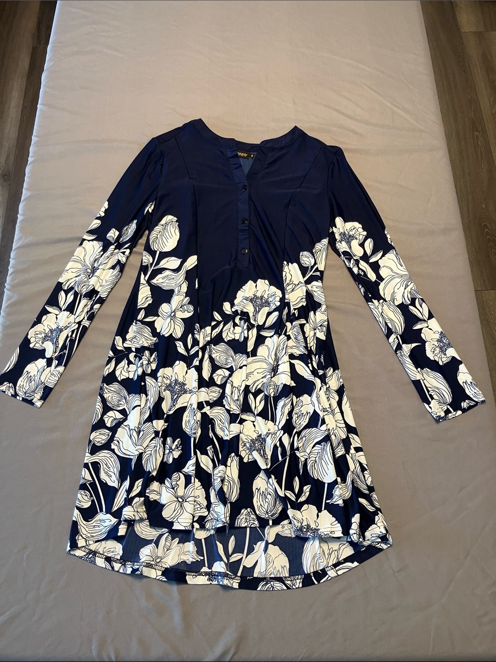 Reborn Navy Blue and White Floral Long-Sleeve Dress